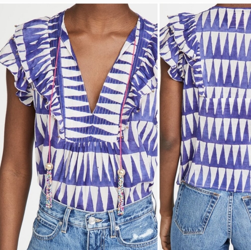 BELL Kiara Flutter Sleeve Top Aztec Blue/White Print (M) NWT